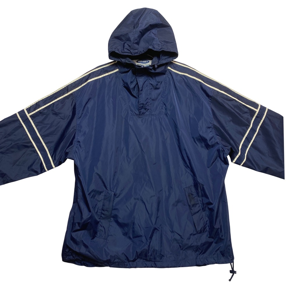 Old Navy Windbreaker Mens XXL Navy Blue Striped Hooded Quarter Zip Pullover Y2K